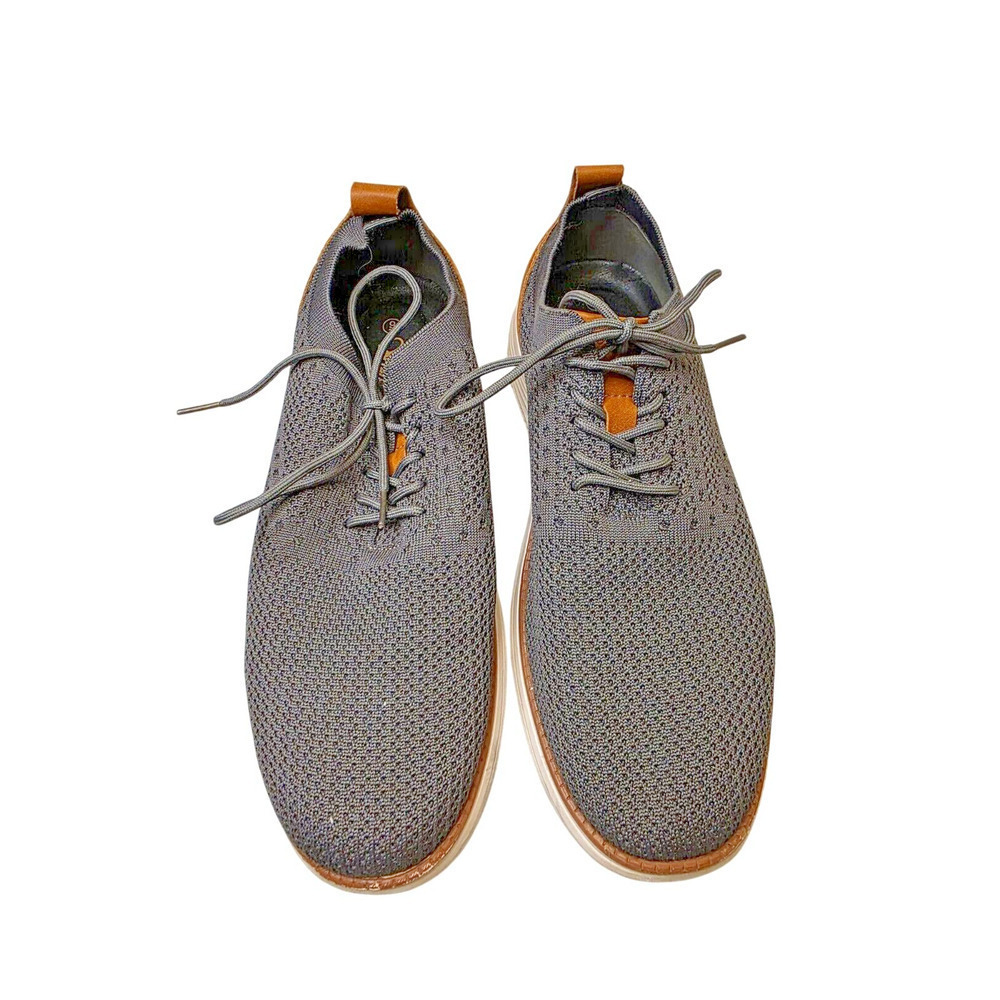 Athlefit Mens Casual Knit Sneakers Size‎ 9 Gray & Brown With Faux Leather Accent - Picture 2 of 15